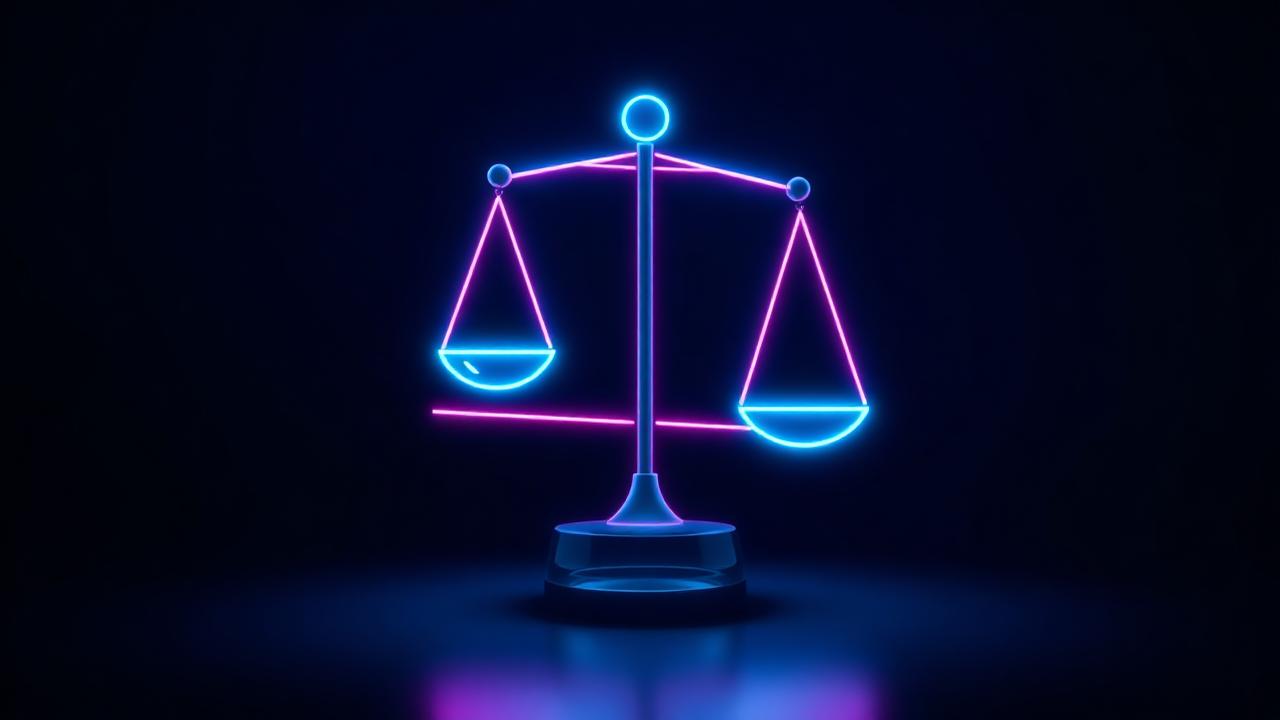 Glowing neon balanced scales on dark navy background